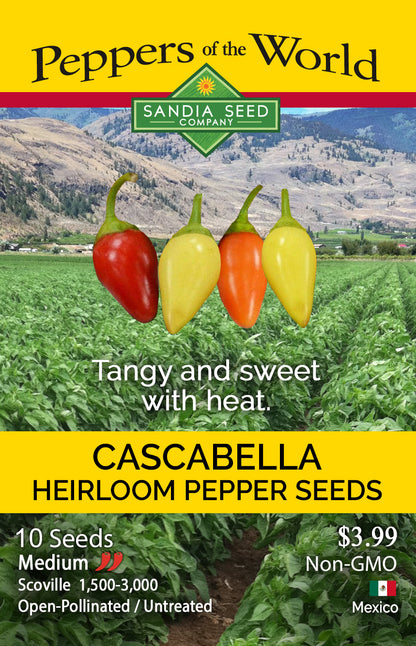 Seed packet for Sandia Seed Company Cascabella Heirloom Pepper Seeds, featuring a yellow header with the brand name, a landscape photo of a pepper field, four hanging peppers in red, yellow, and orange, and product details at the bottom.