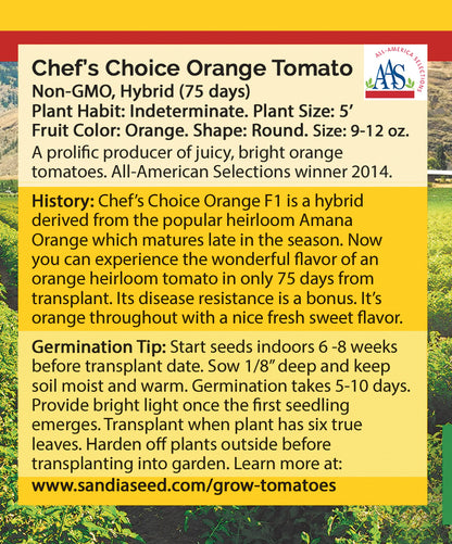 Chef's Choice Orange Tomato Seeds - Juicy and Sweet Flavor - Matures Early