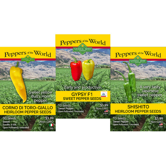 Three seed packet designs for Peppers of the World sweet pepper seeds arranged side by side on a white background. The packets show colorful pepper illustrations and text for Corno di Toro-Giallo, Gypsy F1 Sweet Pepper Seeds, and Shishito heirloom pepper seeds.