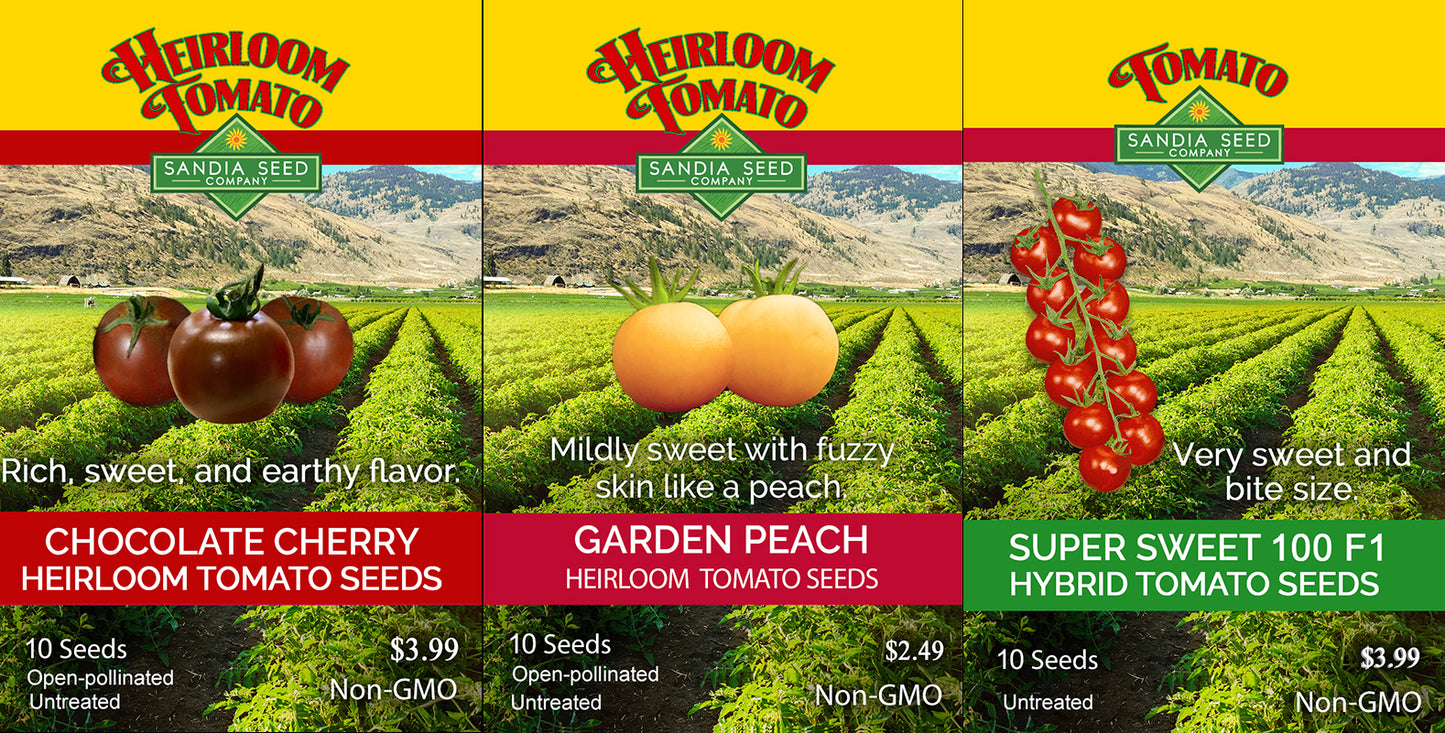 Three seed packets of Sandia Seed Heirloom Tomato Seeds with images and descriptions.