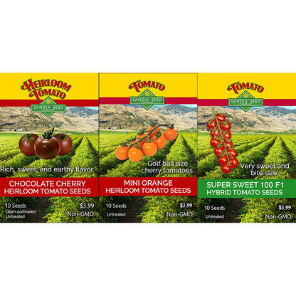 Three seed packet designs for Heirloom Tomato Seeds shown side by side: Chocolate Cherry, Mini Orange, and Super Sweet 100 F1. Each packet features a yellow top band with the red 'Heirloom Tomato Seeds' logo, a photo of tomatoes in a field, and a colored bottom band with variety details and pricing.