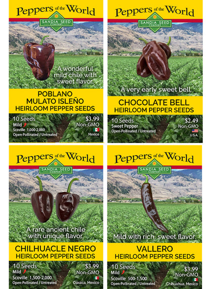 Four seed packet designs for Peppers of the World heirloom pepper seeds arranged in a 2x2 grid. The packets show different pepper varieties: Poblano, Chocolate Bell, Chilhuacle Negro, and Vallero, each with a yellow banner, green brand logo, and a photo of the peppers.