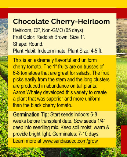 Back of Chocolate Cherry Tomato Seeds packet with detailed planting instructions, germination tips, and heirloom variety description.