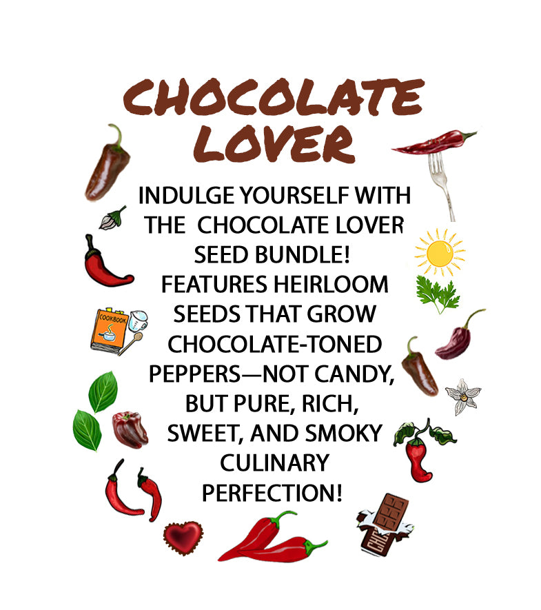Colorful promotional poster for Chocolate Lover 4-Pack Seed Bundle featuring illustrations of chili peppers, chocolate, herbs, and sun, highlighting rare, mild heat peppers for gardening enthusiasts.
