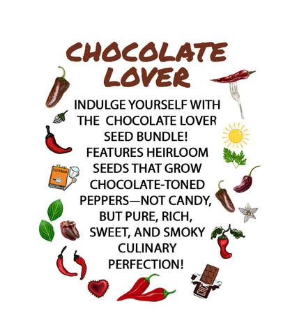 Colorful promotional poster for Chocolate Lover 4-Pack Seed Bundle featuring illustrations of chili peppers, chocolate, herbs, and sun, highlighting rare, mild heat peppers for gardening enthusiasts.