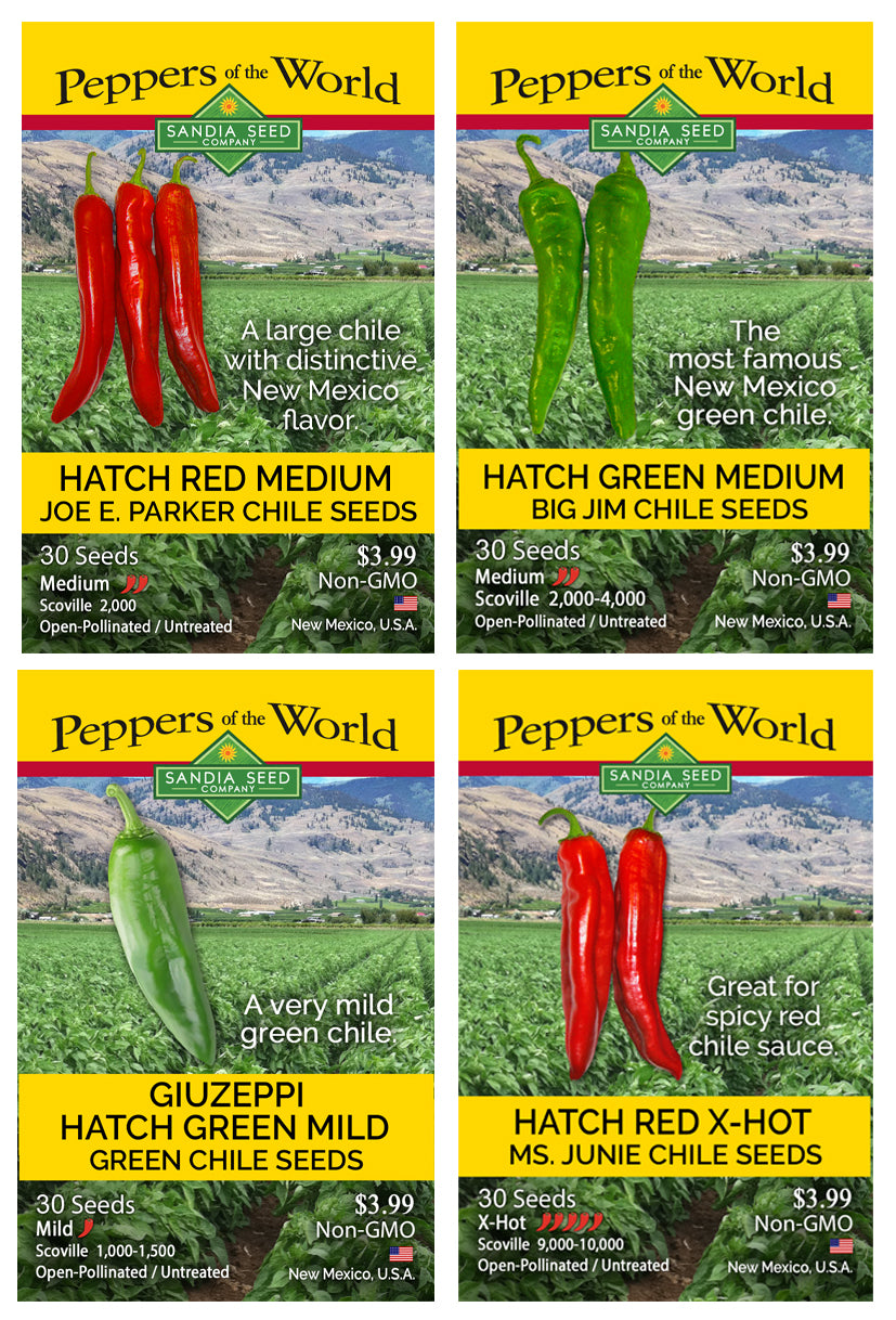 Four seed packet cards for Peppers of the World Sanadia Seed chili seeds arranged in a 2x2 grid. The packets show different chili varieties: Hatch Red Medium, Hatch Green Medium, Giuzeppi Hatch Green Mild, and Hatch Red X-HOT, each with photos of the peppers, variety names, seed counts, and prices.