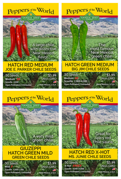 Four seed packet cards for Peppers of the World Sanadia Seed chili seeds arranged in a 2x2 grid. The packets show different chili varieties: Hatch Red Medium, Hatch Green Medium, Giuzeppi Hatch Green Mild, and Hatch Red X-HOT, each with photos of the peppers, variety names, seed counts, and prices.