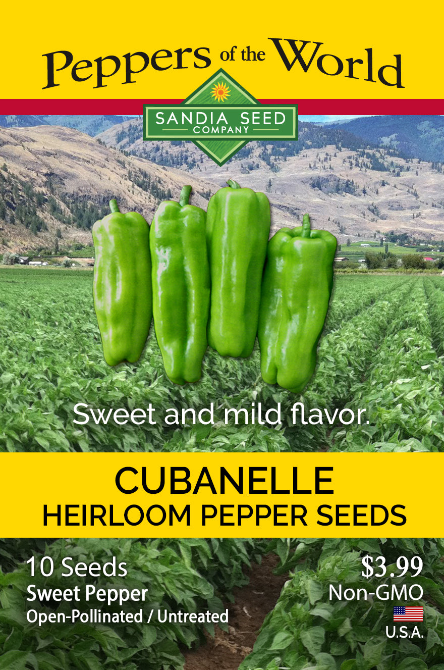 Seed packet for Sandia Seed Company Cubanelle Heirloom Pepper Seeds, featuring four green bell peppers over a field scene with yellow bands at the top and bottom containing product text.