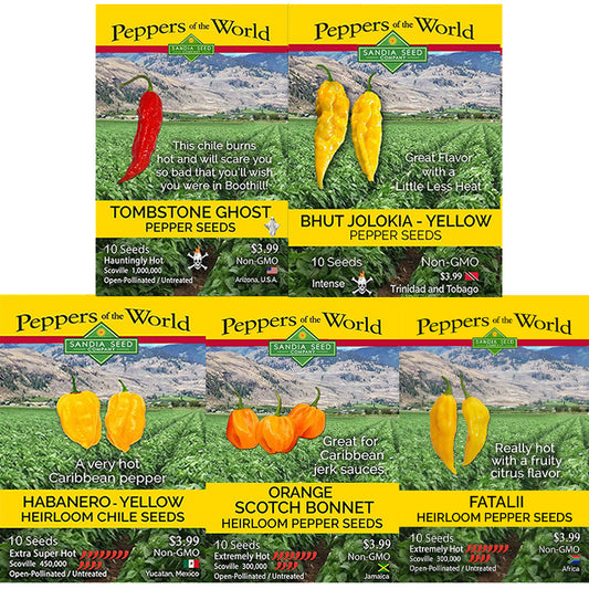 Set of 5 Pepper seed packets from 'Peppers of the World' with images and descriptions of extremely hot pepper varieties.