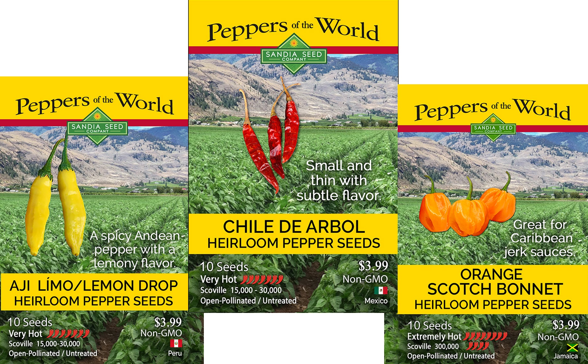 seeds packets for Aji Limo, Chile de Arbol, Orange scotch bonnet