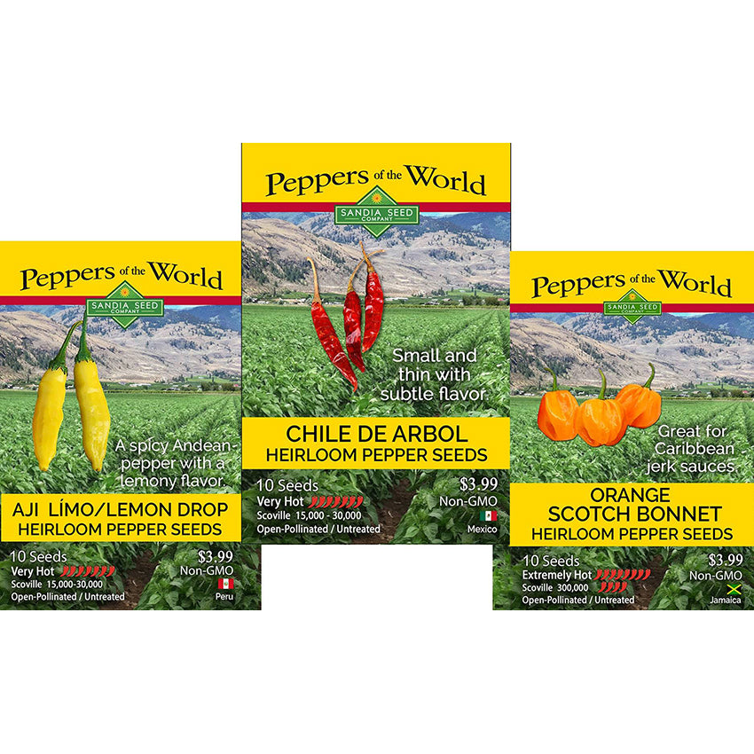 Chef's Peppers with Exotic Flavors - 3-Pack Discount Sale - Aji Limo/Lemon Drop, Chile de Arbol and Scotch Bonnet Orange Seeds