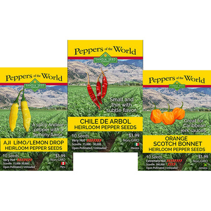 Chef's Peppers with Exotic Flavors - 3-Pack Discount Sale - Aji Limo/Lemon Drop, Chile de Arbol and Scotch Bonnet Orange Seeds