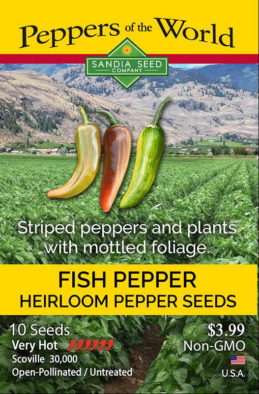 Fish Pepper Seeds - Unique Variegated Peppers - Heirloom Variety seed packet by Sandia Seed Company featuring striped peppers and product details.