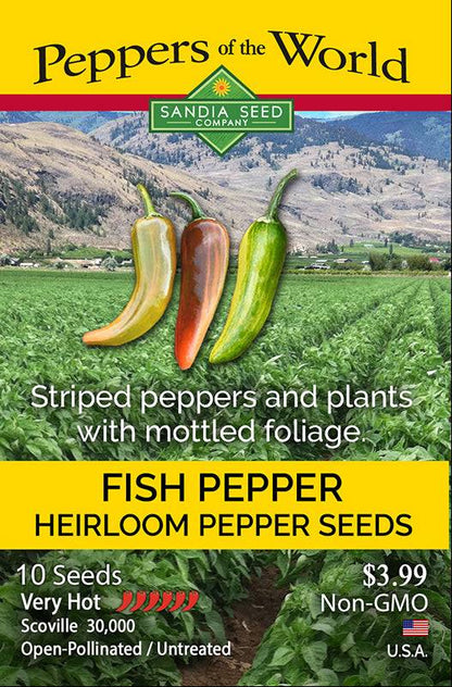 Fish Pepper Seeds - Unique Variegated Peppers - Heirloom Variety seed packet by Sandia Seed Company featuring striped peppers and product details.