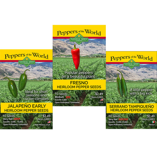 Fresh & Spicy Pepper Seeds - 3-Pack Discount Sale - Jalapeño Early, Serrano Tampiqueno & Fresno Seeds