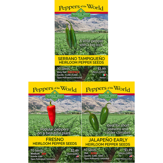 Fresh & Spicy Pepper Seeds - 3-Pack Discount Sale - Jalapeño Early, Serrano Tampiqueno & Fresno Seeds