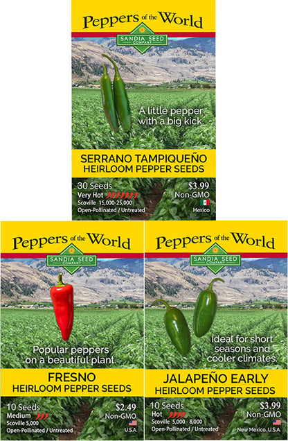 Fresh & Spicy Pepper Seeds - 3-Pack Discount Sale - Jalapeño Early, Serrano Tampiqueno & Fresno Seeds