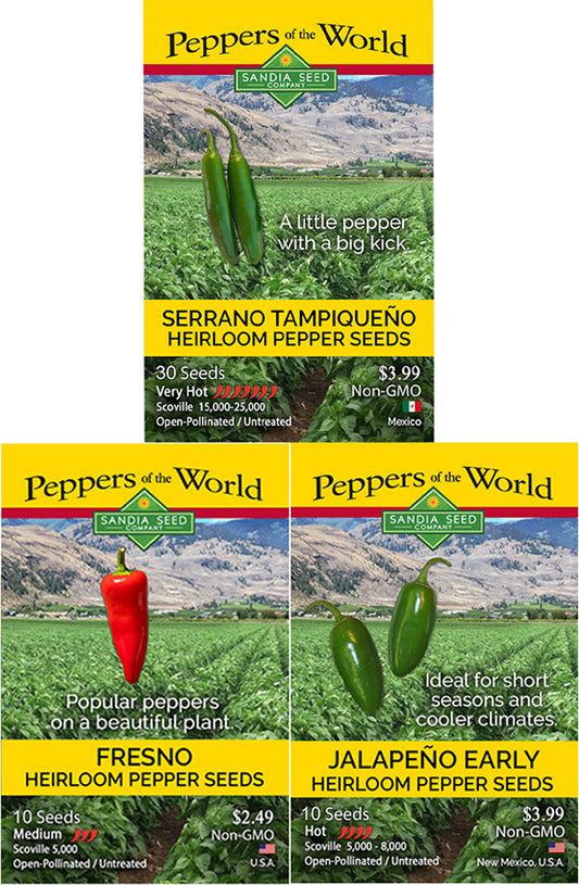Fresh & Spicy Pepper Seeds - 3-Pack Discount Sale - Jalapeño Early, Serrano Tampiqueno & Fresno Seeds