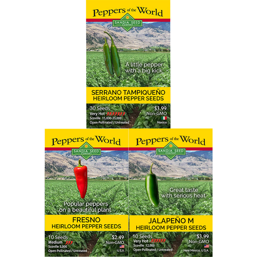 Three seed packet cards for Peppers of the World Sanria Seed Heirloom Pepper Seeds arranged in a 2x2 grid. The packets show different pepper varieties: Serrano Tampiqueno Heirloom Pepper Seeds, Fresno Heirloom Pepper Seeds, Jalapeño M Heirloom Pepper Seeds, and a red pepper illustration on one packet.