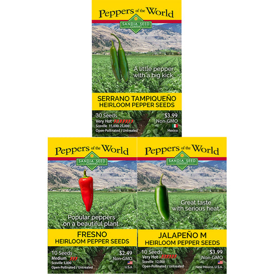 Three seed packet cards for Peppers of the World Sanria Seed Heirloom Pepper Seeds arranged in a 2x2 grid. The packets show different pepper varieties: Serrano Tampiqueno Heirloom Pepper Seeds, Fresno Heirloom Pepper Seeds, Jalapeño M Heirloom Pepper Seeds, and a red pepper illustration on one packet.