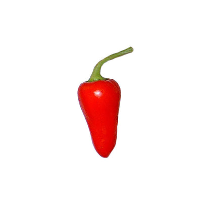 Bright red Fresno pepper with glossy skin and green stem, ideal for spicy heirloom recipes and jalapeño-style dishes.