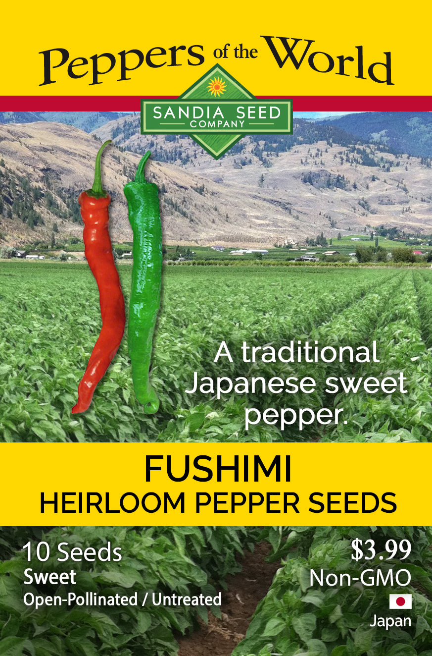 Seed packet for Sandia Seed Company Fushimi Heirloom Pepper Seeds, featuring a yellow background with a photo of a pepper field, two peppers (one red, one green), and product text.