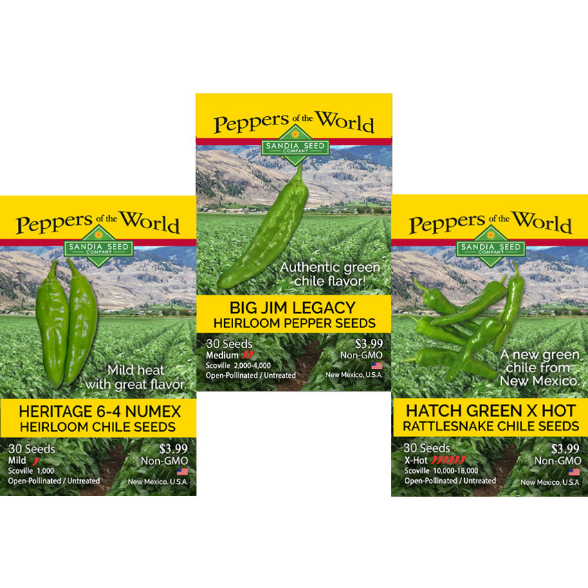 Three seed packet products from Peppers of the World arranged together on a white background: Heritage 6-4 Numex heirloom chili seeds, Big Jim Legacy heirloom pepper seeds, and Hatch Green X Hot Rattlesnake chili seeds.