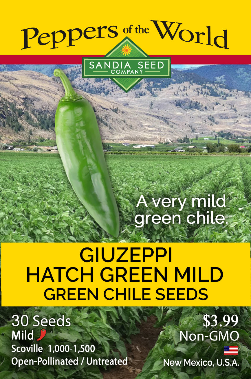 Seed packet for Peppers of the World Sandia Seed Company Giuzeppi Hatch Green Mild Green Chile Seeds, featuring a large green chili pepper graphic over a farm field background with product details at the bottom.