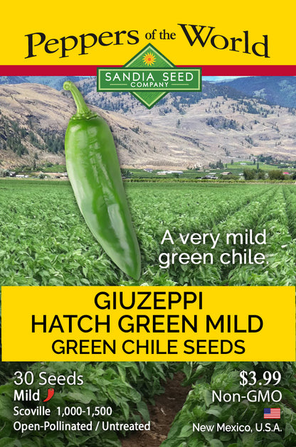Seed packet for Peppers of the World Sandia Seed Company Giuzeppi Hatch Green Mild Green Chile Seeds, featuring a large green chili pepper graphic over a farm field background with product details at the bottom.