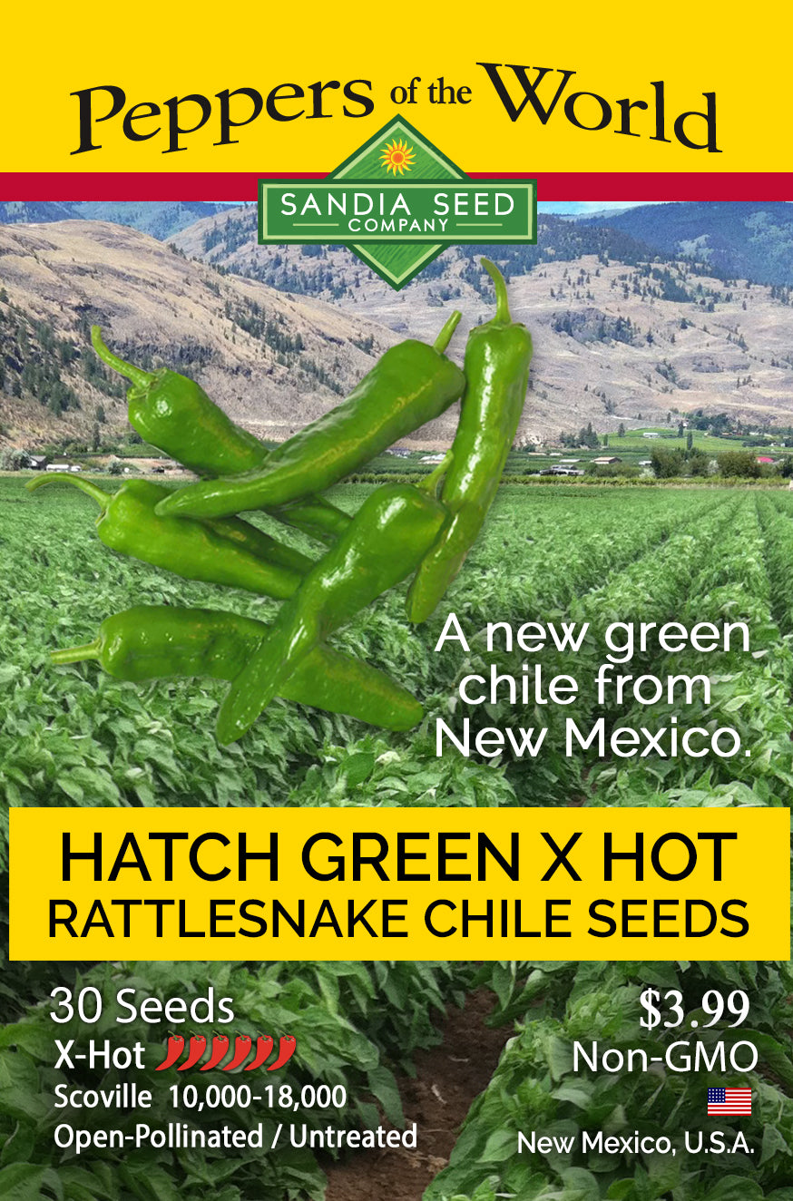 Seed packet for Hatch Green X Hot Rattlesnake Chile seeds by Sandia Seed Company, featuring green chili peppers over a field scene with mountains, and text detailing 30 seeds and $3.99.