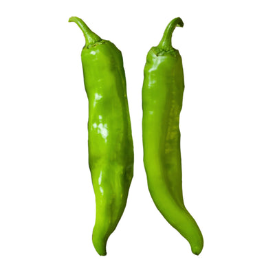 Two green chili peppers on a white background