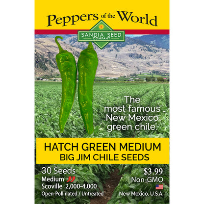 Seed packet for Hatch Green Medium Big Jim Chile seeds with a scenic background