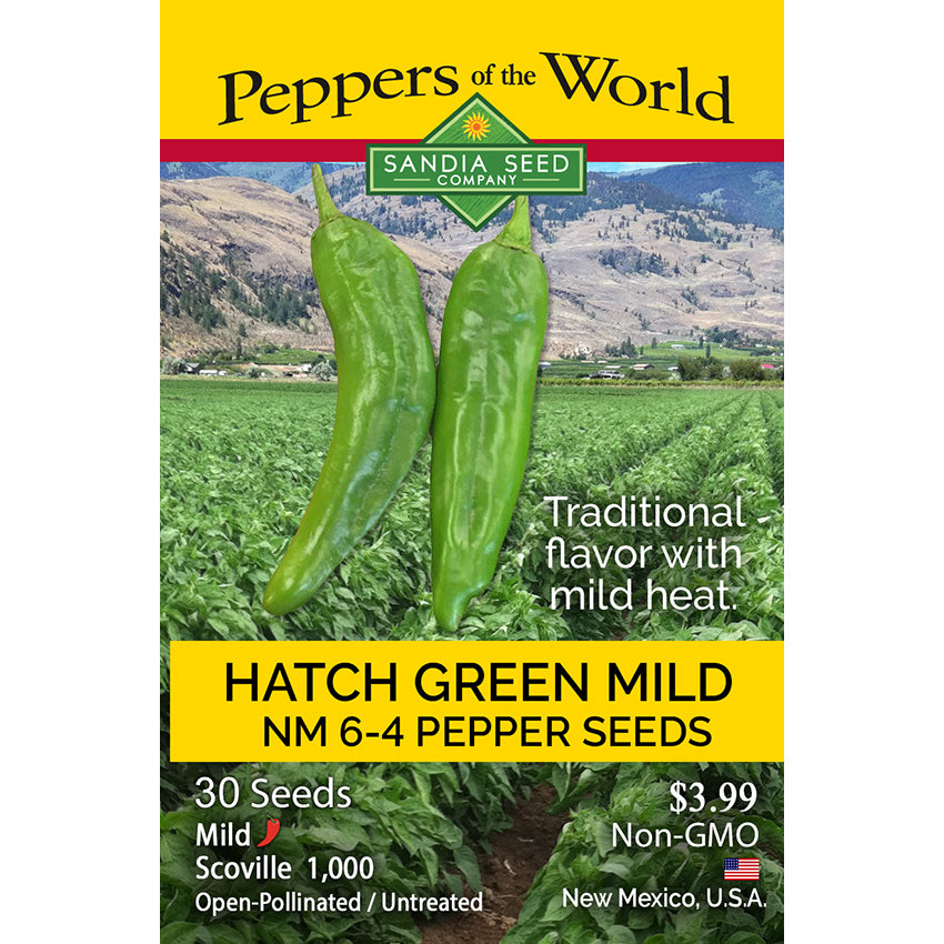 Seed packet for Hatch Green Mild NM 6-4 peppers with a scenic background