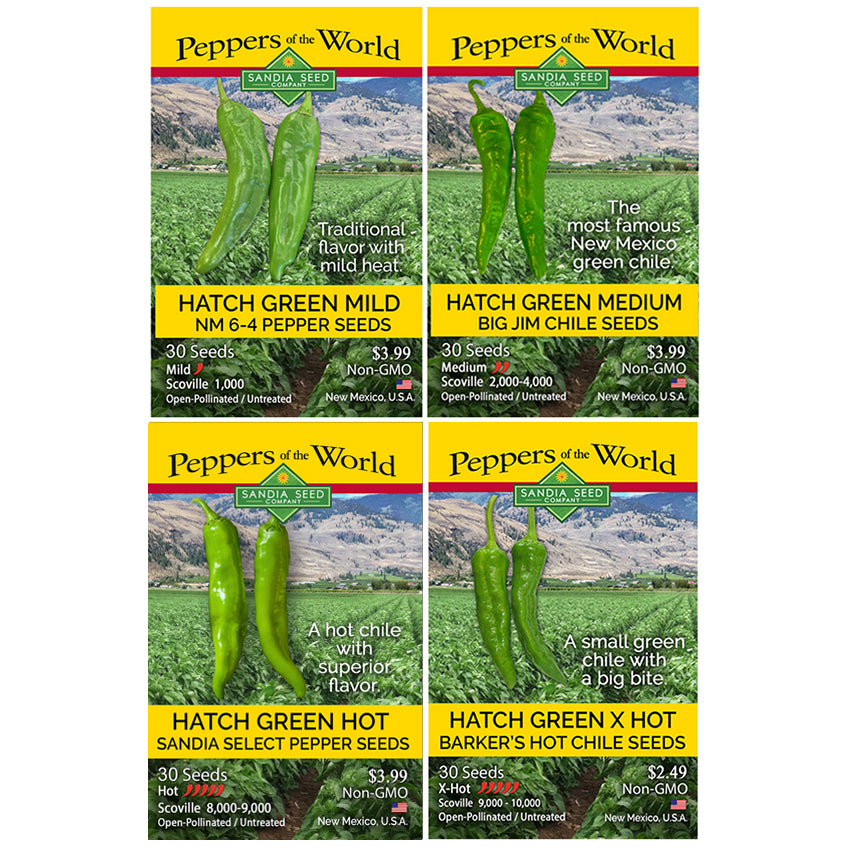 Pack of four seed packets featuring Hatch Green Mild, Medium, Hot, and Extra Hot peppers, with colorful labels and images of peppers, for gardening enthusiasts.