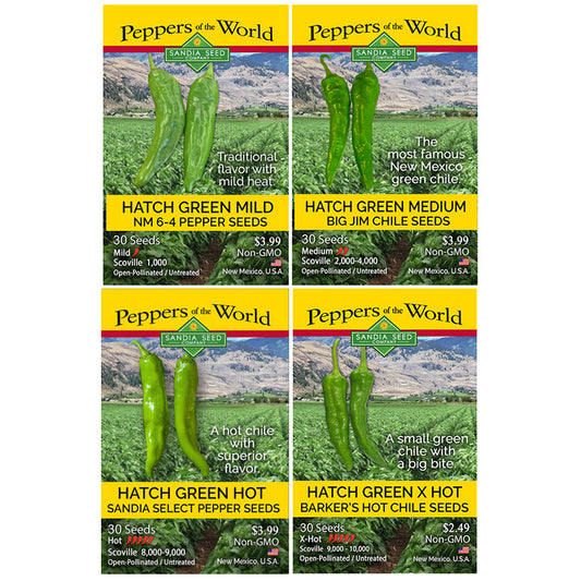 Assorted seed packets featuring Hatch Green Mild, Medium, Hot, and Extra Hot peppers with vibrant green and red peppers in garden