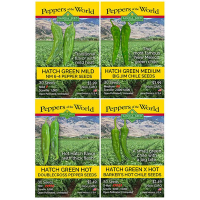 Four packages of 'Peppers of the World' seeds with green peppers on a white background.