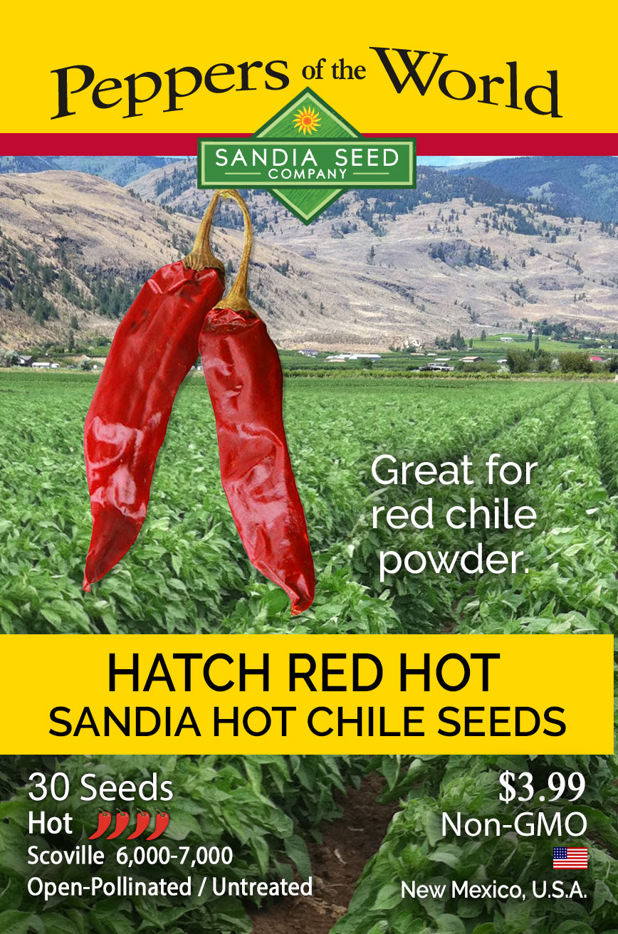 Front of seed packet with Hatch Red Hot chiles in red
