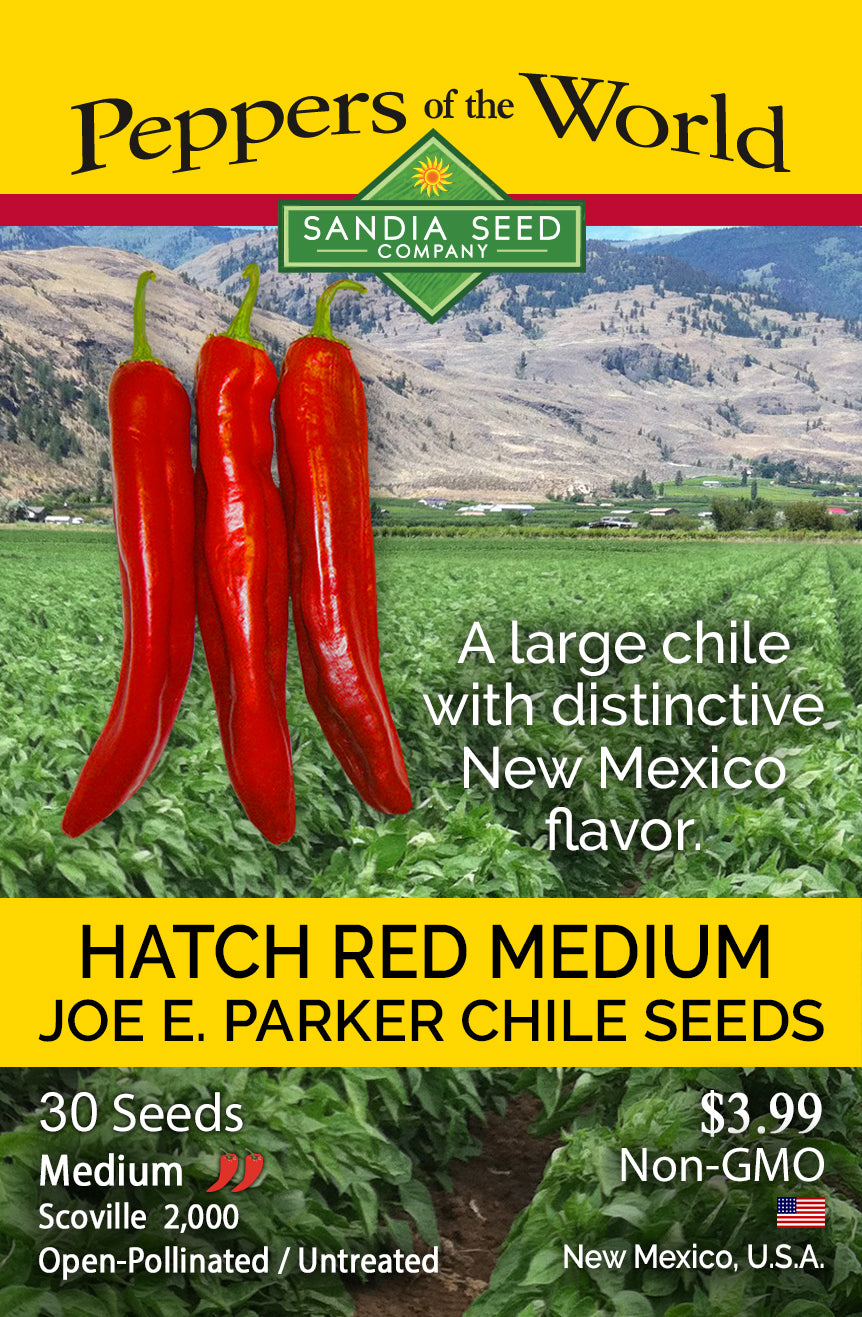 Seed packet for Hatch Red Medium Joe E. Parker Chile Seeds from Sandia Seed Company, featuring three large red chili peppers over a field scene with mountains, and text noting 30 seeds, $3.