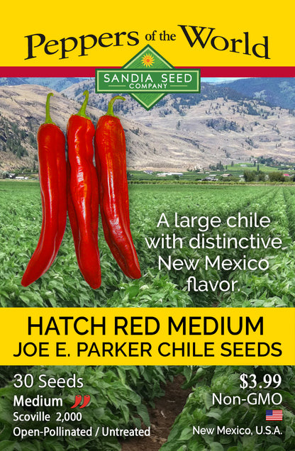 Seed packet for Hatch Red Medium Joe E. Parker Chile Seeds from Sandia Seed Company, featuring three large red chili peppers over a field scene with mountains, and text noting 30 seeds, $3.