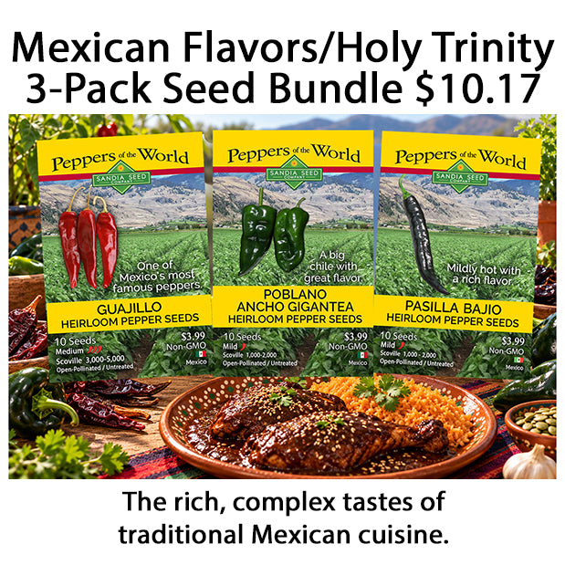 Promotional graphic for a Pepper's of the World Holy Trinity 3-pack seed bundle. The top and bottom text read 'Mexican Flavors/Holy Trinity 3-Pack Seed Bundle $10.