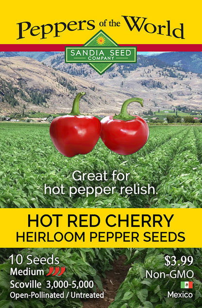 Seed packet design for Sandia Seed Company 'Peppers of the World' Hot Red Cherry Heirloom Pepper Seeds, featuring two floating red peppers over a green pepper field with mountains in the background.