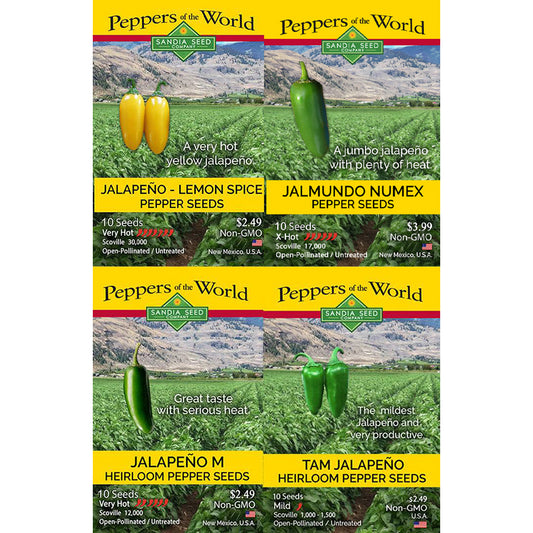 Six seed packet designs for Peppers of the World heirloom and numex pepper seeds arranged in a 2x3 grid. The packets feature yellow headers, green and yellow pepper illustrations, and scenic mountain backgrounds.