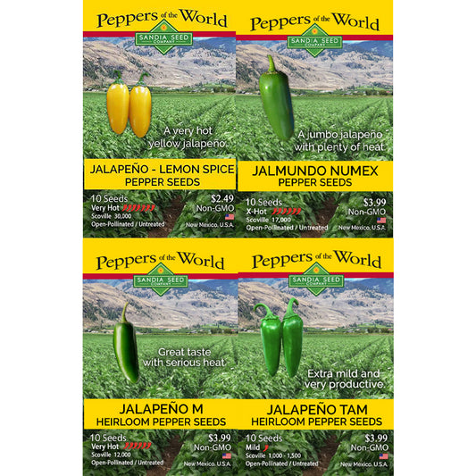 A seed packet layout for Peppers of the World Sanriar Seed showing four pepper varieties: Jalapeño - Lemon Spice, Jalapeño Tam, Jalmundo Numex, and Jalapeño M Heirloom. Each packet features a yellow header, a photo of green peppers, and product details including seed counts, prices, and variety descriptions.