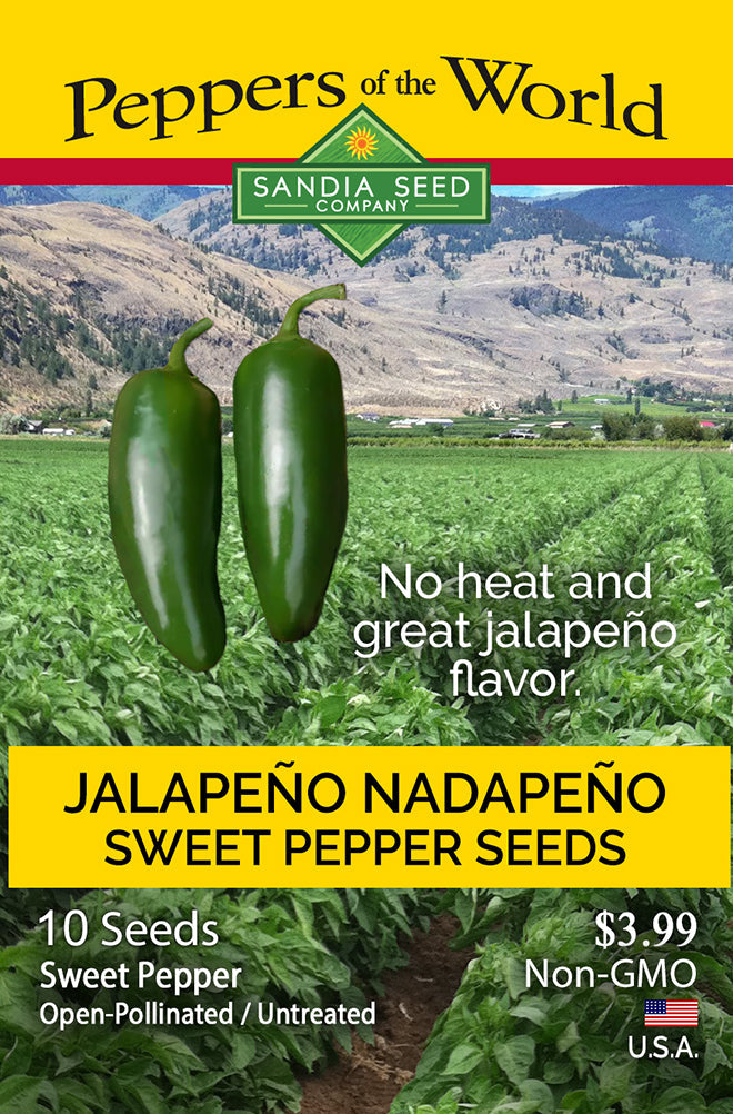 Nadapeno No-Heat Jalapeno Seeds packet by Sandia Seed Company featuring sweet jalapeno peppers, non-GMO, open-pollinated, and USA-grown.