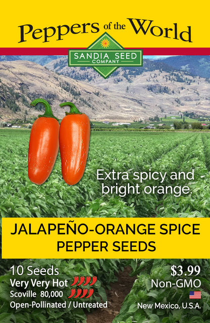 Seed packet artwork for Sandia Seed Company 'Peppers of the World' Jalapeño-Orange Spice Pepper Seeds, showing two bright orange peppers over a green field and mountains, with product text and pricing on a yellow background.