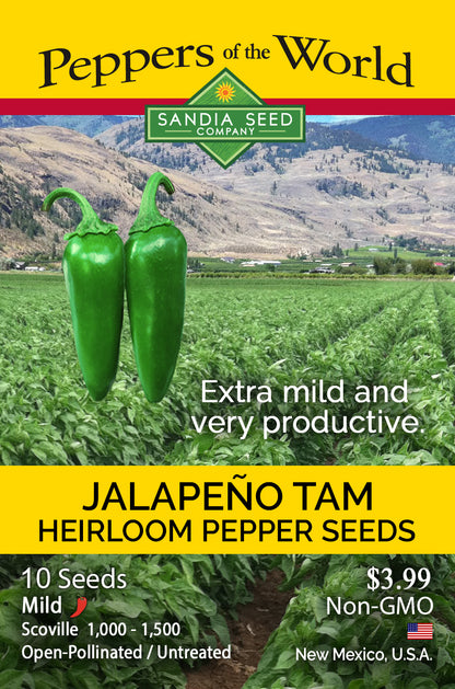 Seed packet for Sandia Seed Company Jalapeño Tam heirloom pepper seeds, featuring a yellow header and footer, a field of green peppers in the background, and product details including 'Extra mild and very productive' and '10 Seeds'.