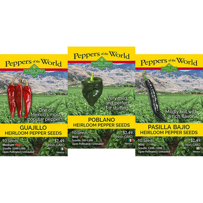 Three packages of 'Peppers of the World' seeds with images of peppers and text on a white background.