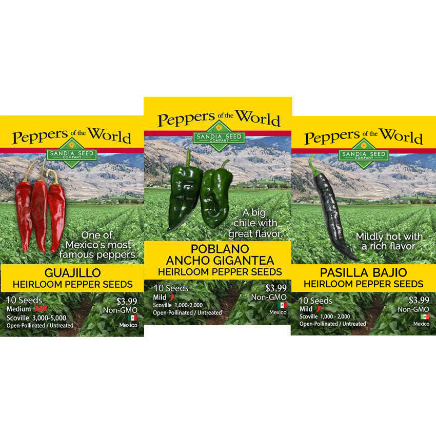 Three seed packet designs for Savda Seed 'Peppers of the World' displayed side by side on a white background. The packets are for Guajillo, Poblano Ancho, and Pasilla Bajo heirloom pepper seeds.