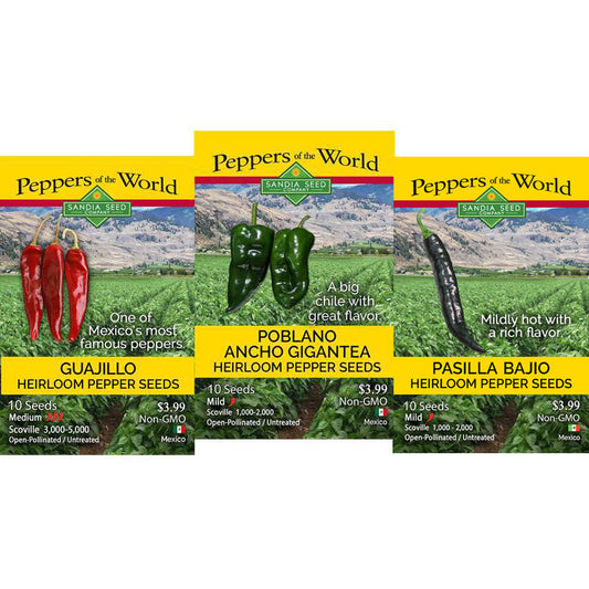 Three seed packet designs for Savda Seed 'Peppers of the World' displayed side by side on a white background. The packets are for Guajillo, Poblano Ancho, and Pasilla Bajo heirloom pepper seeds.