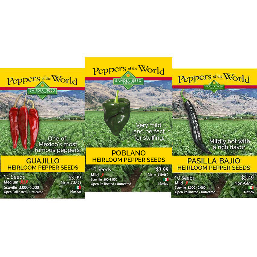 Three Pepper of the World Sanja Seed heirloom pepper seed packages shown side by side: Guajillo, Poblan, and Pasilla Baso, with pepper photos and package details on a white background.
